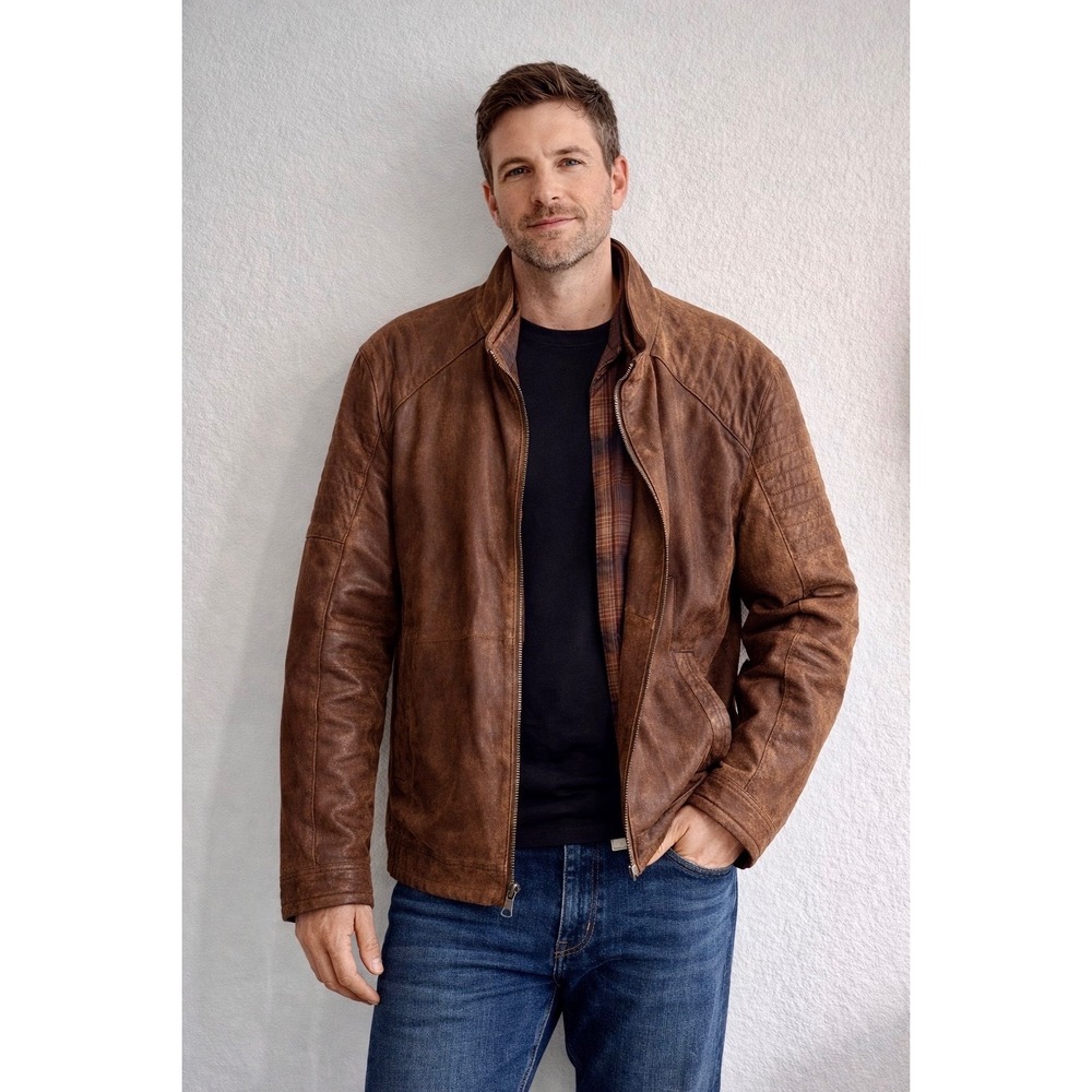 Johnston & Murphy Mens Leather Jacket Brown‎ Full Zip Pockets XXL Bomber